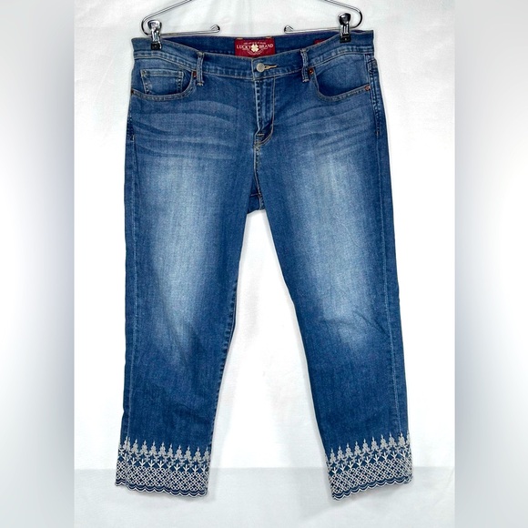 Lucky Brand Sweet’N Crop Jeans Embroidered Scalloped Hem Boho Festival 
Sz 14/32 - Picture 1 of 10